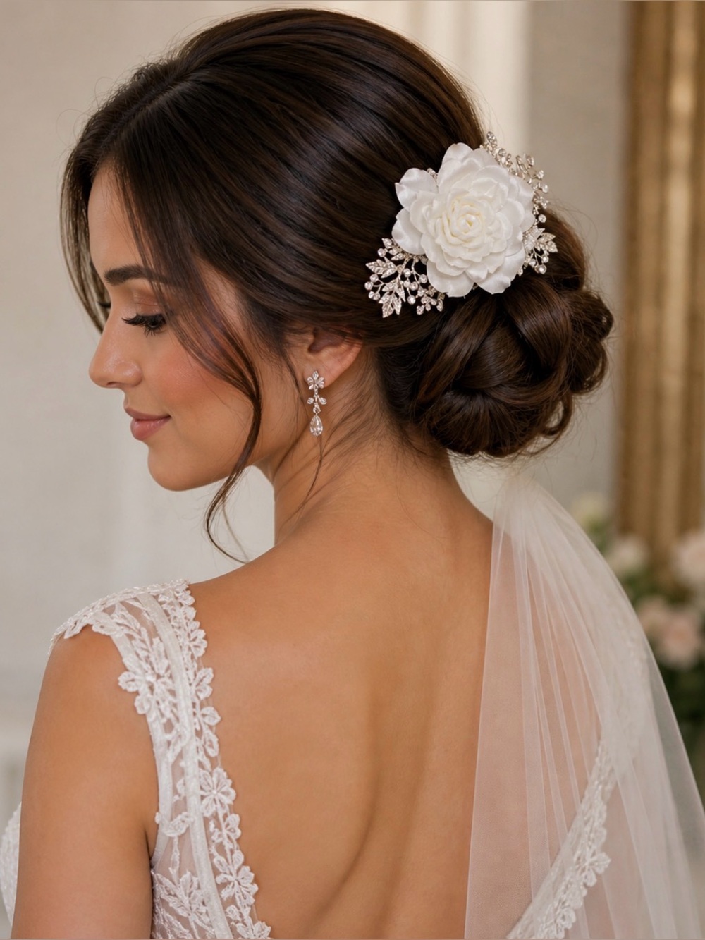 Yvonne’s Bridal Gallery  White Floral Hair Comb with Crystal Accents